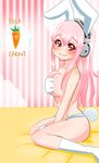  aki_sakura animal_ears bad_id bad_pixiv_id blush breasts bunny_ears bunny_tail cleavage covering covering_breasts headphones highres large_breasts long_hair looking_at_viewer nitroplus no_bra pink_eyes pink_hair red_eyes smile solo super_sonico tail 