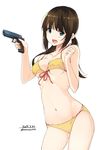  bikini blue_eyes breasts brown_hair cleavage cocked_hammer contrapposto cowboy_shot dated front-tie_top gun handgun leaning_forward long_hair low_twintails medium_breasts navel open_mouth original pistol simple_background solo standing swimsuit twintails twitter_username unasaka_ryou weapon white_background yellow_bikini 