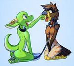  anthro atsidas avian bird breasts butt collar cute dragon duo feathers feeding female green_skin hawk horn leash male male/female master nipples nude pet purple_eyes yellow_eyes 