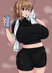  :o ahoge belly breasts curvy drink earrings highres huge_breasts jewelry komusou_(jinrikisha) looking_at_viewer midriff navel ooba_minori original solo sweat taut_clothes towel wide_hips 