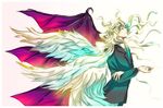  absurdres angel_wings artist_request blonde_hair collared_shirt demon_wings formal from_side highres long_hair long_sleeves looking_up louis_cypher lucifer_(shin_megami_tensei) male_focus multiple_wings necktie profile seraph shin_megami_tensei shirt solo suit very_long_hair wavy_hair wind wings 