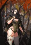  1girl arrow autumn autumn_leaves belt black_hair blue_eyes boots bow bow_(weapon) breasts bridal_gauntlets cape covered_navel earrings elf falling_leaves forest high_heel_boots high_heels highres hong_soon-jae hoop_earrings jewelry large_breasts leaf leotard lips long_hair looking_at_viewer nature original pointy_ears puffy_sleeves quiver serious simple_background solo thigh_boots thighhighs tree very_long_hair weapon white_background 