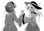  2girls family hairband hands_together hat hat_ribbon heart komeiji_koishi komeiji_satori monochrome multiple_girls open_mouth rapa_(heisei_strawberry) ribbon short_hair siblings simple_background sisters skirt smile third_eye touhou white_background 