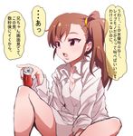  brown_eyes brown_hair commentary_request futami_mami idolmaster idolmaster_(classic) long_hair naked_shirt shift_(waage) shirt side_ponytail solo translation_request 