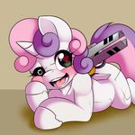  &lt;3 &lt;3_eyes 2015 absurd_res blush cub equine female feral friendship_is_magic hair hi_res horn kloudmutt lying machine mammal mechanical my_little_pony on_front open_mouth robot solo sweetie_belle_(mlp) sweetie_bot teeth tongue two_tone_hair unicorn young 
