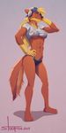  2015 anthro breasts canine clothed clothing female fur jackal mammal midriff red_fur skimpy solo stoopix translucent under_boob wet_shirt 