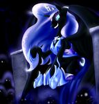  2015 armor blue_eyes blue_hair blumagpie crown cutie_mark equine eyeshadow fangs female friendship_is_magic glowing hair horn long_hair makeup mammal my_little_pony nightmare_moon_(mlp) sitting slit_pupils smile solo sparkles throne winged_unicorn wings 