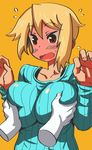  bad_id bad_tumblr_id blonde_hair blush borrowed_character breast_grab breasts brown_eyes collarbone deep_skin disembodied_limb full-face_blush grabbing hands highres impossible_clothes impossible_sweater large_breasts matsuda_yuusuke orange_background original ribbed_sweater short_hair smile solo_focus surprised sweater tsurime tsurime-chan 