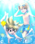  absurdres bad_id bad_pixiv_id brown_hair fish goggles highres inazuma_eleven_(series) inazuma_eleven_go male_focus male_swimwear matsukaze_tenma matsumoto_achi multiple_boys navel nishizono_shinsuke no_nipples open_mouth swim_trunks swimming swimwear underwater 