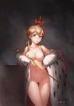  2015 absurdres blonde_hair blush breasts cross_hair_ornament crown dated green_eyes hair_ornament highres iron_cross kantai_collection large_breasts lips looking_at_viewer naked_coat navel nipples nude prinz_eugen_(kantai_collection) pussy qingmingtongzi royal_robe scepter solo staff thigh_gap twintails uncensored 