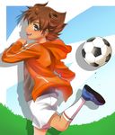  absurdres bad_id bad_pixiv_id blue_eyes brown_hair from_behind highres hood hoodie inazuma_eleven_(series) inazuma_eleven_go looking_back male_focus matsukaze_tenma matsumoto_achi shorts smile solo telstar 