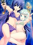  aqua_eyes aqua_hair blush bra breasts cleavage cosplay gun h2so4 large_breasts long_hair looking_at_viewer majika_majika multiple_girls navel open_mouth panties purple_hair refeia staff tabata_suzume tsukushi_mizuho underwear weapon yellow_eyes 