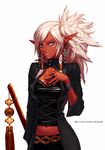  1girl blue_eyes breasts cleavage coat dark_skin dungeon_and_fighter elf jacket jewelry minet navel npc pointy_ears ring silver_hair solo weapon white_hair 