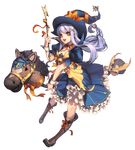  alternate_costume boots broken_(chaos_online) broom broom_riding brown_eyes chaos_online full_body hat hobby_horse long_hair love_cacao official_art pinky_out purple_hair skull smile solo transparent_background wand witch witch_hat 
