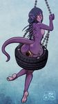  blue_hair blush braid breasts dildo from_behind green_eyes monster_girl my_pet_tentacle_monster purple_skin pussy_juice sideboob solo spikes tail tire tire_swing 