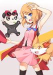  absurdres alternate_costume alternate_hair_length alternate_hairstyle arm_up armpits bad_id bad_pixiv_id black_legwear blonde_hair blue_eyes bow bowtie eyewear_on_head fennekin gen_6_pokemon hat hat_removed headwear_removed highres open_mouth pancham pink_skirt pokemon pokemon_(anime) pokemon_(creature) revision serena_(pokemon) skirt sleeveless sleeveless_duster sunglasses thighhighs transistor 