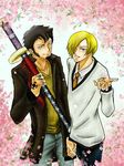  blue_eyes earrings facial_hair flower goatee hair_over_one_eye hand_holding jewelry male_focus multiple_boys necktie nodachi one_piece sanji sheathed_sword sweater sword tattoo trafalgar_law weapon 