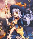  alternate_costume boots broken_(chaos_online) broom broom_riding brown_eyes card_(medium) chaos_online full_moon hat hobby_horse long_hair love_cacao moon night night_sky official_art pinky_out purple_hair skull sky smile solo star_(sky) wand witch witch_hat 
