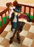  1boy 1girl belt boots carrying checkered checkered_floor gloves goggles hat jacket koala_(one_piece) one_piece pants sabo_(one_piece) scar skirt thighhighs 