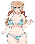  animal_ears aqua_bikini aqua_eyes bikini blush bouncing_breasts breasts brown_hair cat_ears cleavage collarbone hair_ribbon highres large_breasts long_hair low_twintails navel open_mouth original ribbon side-tie_bikini simple_background smile solo swimsuit twintails underboob white_background zenn 