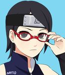  1girl adjusting animated animated_gif blinking blue_background forehead_protector glasses looking_at_viewer naruto natto nattouh sharingan short_hair solo uchiha_sarada 