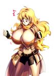  bakki belt bike_shorts blonde_hair breasts cleavage clenched_hands cowboy_shot fingerless_gloves gloves highres huge_breasts impossible_clothes impossible_shirt long_hair looking_down midriff navel pink_eyes rwby scarf shirt shorts simple_background solo standing white_background yang_xiao_long 