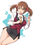  :d brown_eyes brown_hair highres idolmaster idolmaster_cinderella_girls microphone miniskirt necktie open_mouth pencil_skirt royale_style_(idolmaster) scrunchie shirt skirt smile solo totoki_airi vest zenn 