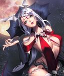  alternate_costume aqua_eyes bare_shoulders boots breasts bridal_gauntlets card_(medium) chaos_online demon_wings full_moon head_tilt large_breasts long_hair looking_at_viewer love_cacao moon nivas official_art parted_lips simple_background skull solo thigh_boots thighhighs very_long_hair white_hair wings 