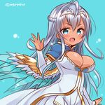  :d ahoge andromeda_(p&amp;d) blue_capelet blue_eyes blue_hair blush breasts capelet cleavage dark_skin dress feathered_wings large_breasts long_hair long_sleeves marshmallow_mille open_mouth puzzle_&amp;_dragons smile solo tiara twitter_username v-shaped_eyebrows wings 