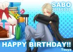  1boy birthday blonde_hair box coat cravat gift gift_box gloves highres male male_focus one_piece present sabo_(one_piece) sitting smile solo 