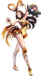  alternate_costume arm_up bare_shoulders breasts brown_hair chaos_online dancing detached_collar elephant feathers full_body garitos high_heels highres large_breasts leotard long_hair looking_at_viewer love_cacao official_art open_mouth solo transparent_background yellow_leotard 
