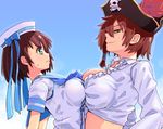  3678177 asymmetrical_docking beatrica_(sennen_sensou_aigis) blue_background breast_press breasts brown_hair green_eyes hat hat_ribbon large_breasts marie_(sennen_sensou_aigis) multiple_girls pirate_hat ribbon school_uniform sennen_sensou_aigis serafuku skull_and_crossbones sweat upper_body 