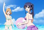  arm_up armpits ball beachball bikini bikini_skirt black_eyes black_hair blue_eyes breasts brown_hair cleavage cloud day front-tie_top imai_midori lavoy_(kurakuro) long_hair looking_at_viewer looking_back medium_breasts miyamori_aoi multiple_girls navel ocean open_mouth shirobako short_hair side_ponytail sky smile swimsuit 