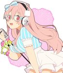  bespectacled blush breasts glasses headphones inumaru_(aex31) large_breasts long_hair looking_at_viewer microphone nitroplus open_mouth pink_hair red_eyes smile solo super_sonico thighhighs vintage_microphone 