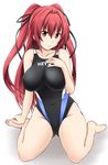  barefoot bow breasts collarbone competition_swimsuit covered_navel full_body fuuma_nagi hair_bow hair_ribbon hand_on_own_chest hands_on_feet highres impossible_clothes impossible_swimsuit large_breasts long_hair looking_at_viewer naruse_mio one-piece_swimsuit red_eyes red_hair ribbon shinmai_maou_no_testament simple_background sitting smile solo swimsuit two_side_up wariza white_background 