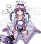  beamed_eighth_notes braid character_request divine_gate eighth_note highres looking_at_viewer minutachi musical_note purple_eyes purple_hair quarter_note sitting staff_(music) twin_braids wariza 