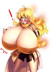  1girl bakki bike_shorts blonde_hair blush breast_expansion breasts cleavage fingerless_gloves gigantic_breasts gloves highres impossible_clothes impossible_shirt long_hair midriff pink_eyes rwby scarf shirt solo yang_xiao_long 