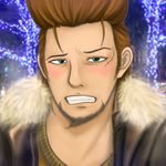  1boy beard brown_hair chirstmas_lights facial_hair jacket male male_focus necklace one_piece pompadour solo thatch 