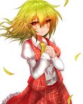  ascot bad_id bad_pixiv_id blush_stickers cowboy_shot frilled_skirt frills green_hair hands_on_own_chest hands_together highres juliet_sleeves kazami_yuuka light_smile long_sleeves looking_at_viewer open_clothes open_vest petals plaid plaid_skirt plaid_vest puffy_sleeves red_eyes short_hair simple_background skirt solo touhou vermentino vest white_background wind 