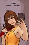  brown_hair cellphone commentary english final_fantasy final_fantasy_viii green_eyes highres lips nunchaku parted_lips phone pun selphie_tilmitt smartphone smile solo stjepan_sejic weapon 