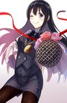  ;) black_hair chain character_request flower foreshortening gold_chain hand_on_hip long_hair looking_at_viewer microphone one_eye_closed pantyhose pencil_skirt pocket_watch purple_eyes reimaco ribbon rose skirt smile solo watch 