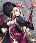  alternate_costume blonde_hair breasts card_(medium) chaos_online gloves green_eyes herjuna jewelry large_breasts long_hair love_cacao necklace official_art snowflakes solo staff very_long_hair 