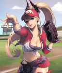  alternate_costume baseball_cap baseball_mitt baseball_stadium blonde_hair blue_eyes breasts card_(medium) chaos_online cleavage cloud collarbone cowboy_shot day demon_horns hat horns jacket large_breasts long_hair love_cacao midriff navel official_art open_clothes open_jacket outdoors parted_lips pleated_skirt ponytail serena_(chaos_online) skirt sky solo throwing 