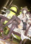  black_footwear black_legwear boots breasts chair cheese_kang dutch_angle flower highres indoors kantai_collection kongou_(kantai_collection) large_breasts miniskirt nontraditional_miko sitting skirt solo thigh_boots thighhighs tiered_tray vase 