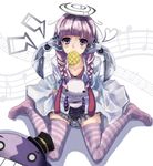  beamed_eighth_notes braid bread character_request divine_gate eighth_note food food_in_mouth highres looking_at_viewer melon_bread minutachi mouth_hold musical_note purple_eyes purple_hair quarter_note sitting staff_(music) twin_braids wariza 