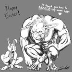  &lt;3 2015 abs anthro balls claws clothed clothing cum cum_leaking duo egg english_text erection fur hair human lagomorph male mammal muscles nude pecs penis rabbit scapegoat size_difference teeth text 