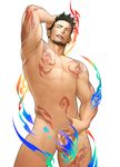  arm_up armpits beard facial_hair hand_on_head itto_(mentaiko) licking_lips male_focus multicolored multicolored_eyes multicolored_hair muscle navel nipples nude penis priapus shiny shiny_skin simple_background solo standing streaked_hair tarou_a._priapus_(priapus) tattoo tongue tongue_out white_background 