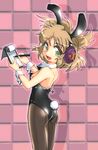  animal_ears ass bow bowtie brown_eyes brown_hair bunny_ears bunny_tail bunnysuit detached_collar earmuffs notepad pantyhose pen short_hair tail touhou toyosatomimi_no_miko winn wrist_cuffs 