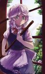  alternate_eye_color apron braid broom dress flower garden grass green_eyes hair_ribbon highres indoors izayoi_sakuya lavender_hair maid maid_headdress piyodesu plant red_ribbon ribbon short_hair short_sleeves silver_hair solo touhou twin_braids waist_apron window 