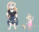  2018 anthro barefoot blonde_hair blue_eyes breasts clothed clothing cub digital_media_(artwork) duo dvixie feline female hair lion mammal simple_background smile white_lion young 